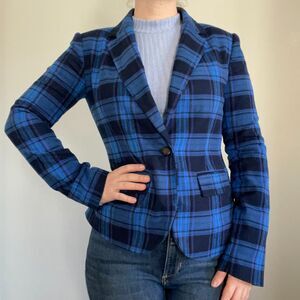 Women's Merona Blue Black Plaid Fitted Blazer VGUC - Size 4